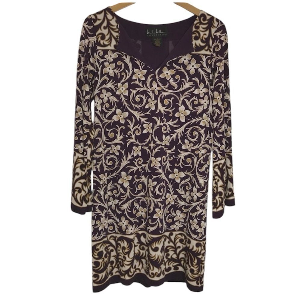 Nicole Miller Collection 100% Silk Bell Sleeve Mini Dress Purple Gold Size Small